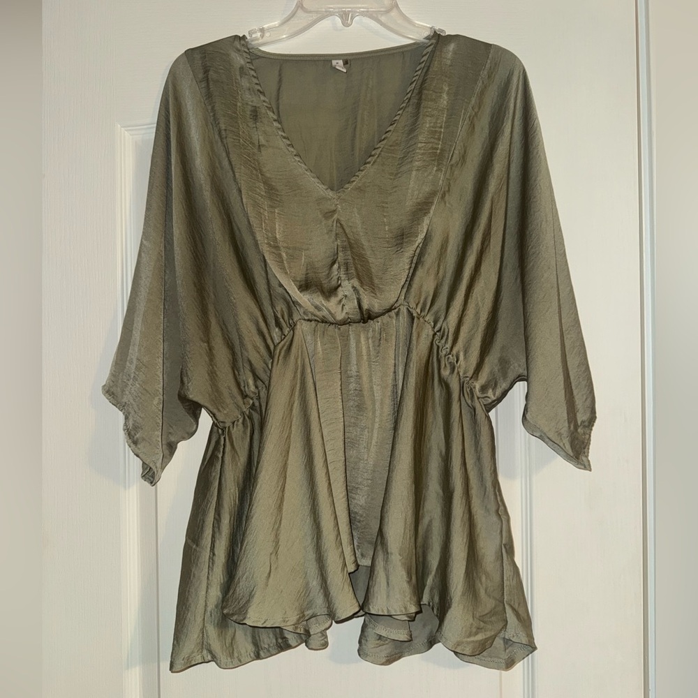 Glam Olive Green V-Neck Flowing silky Tunic Top